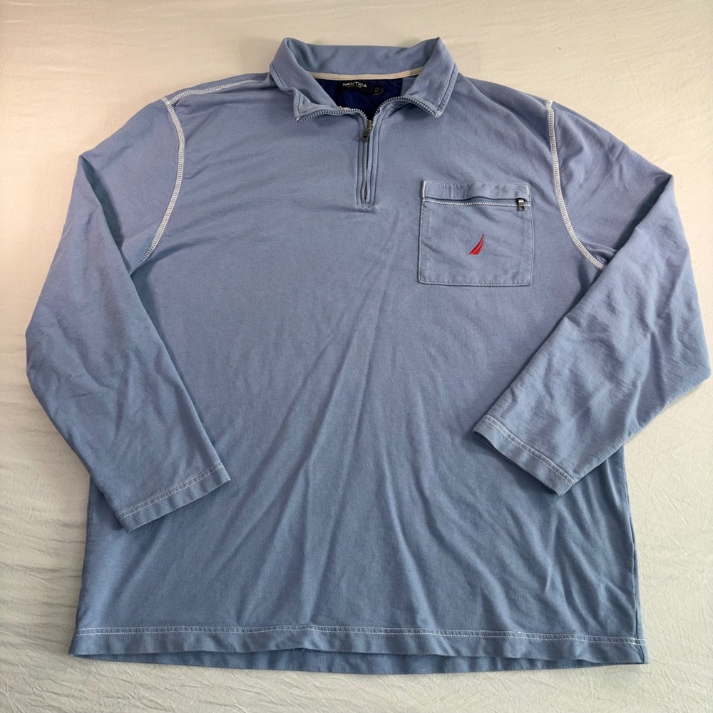 Nautica Mens XXL Light Blue 1/4 Zip Pullover Cotton Jersey Long Sleeve Shirt